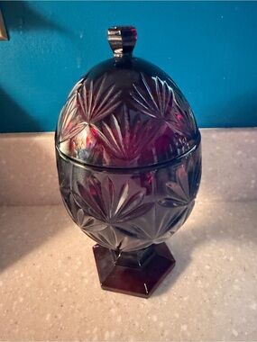 Vintage Cut Glass Egg candy dish - Deep ruby